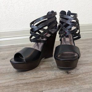 Material Girl Black Strappy Twister Wedge Heels size 8.5 M